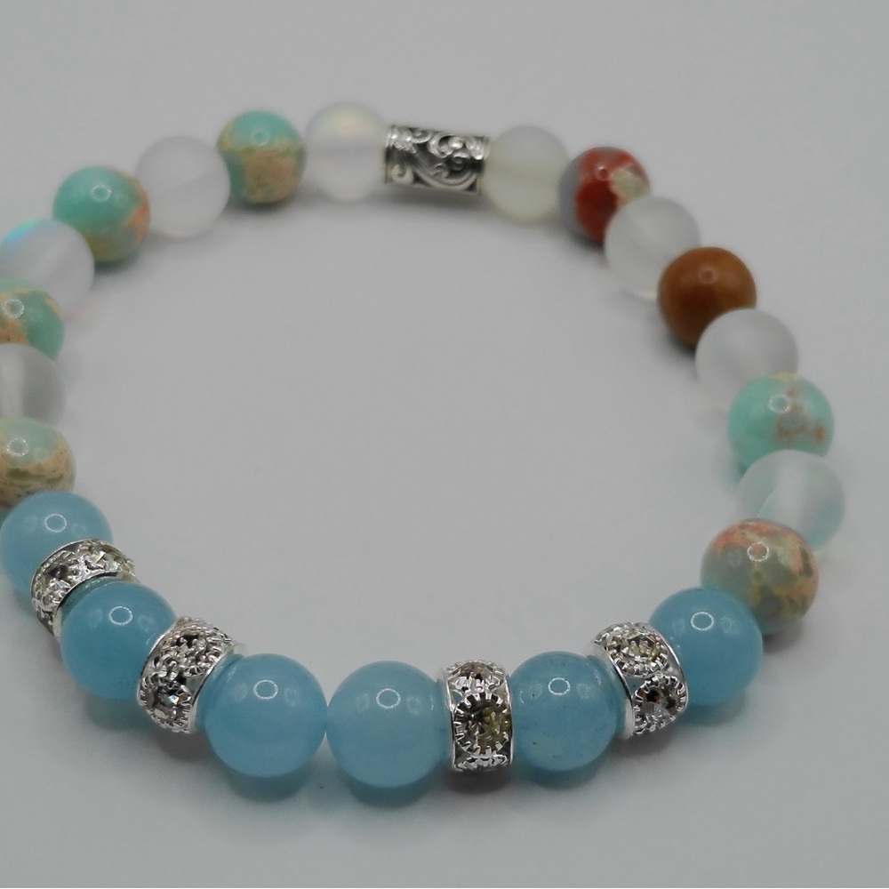 Beautiful AAA Aquamarine & African Opalite Agate & Moonstone Bracelet.